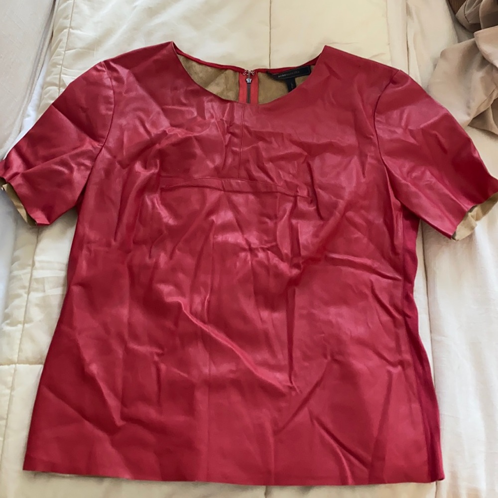 BCBG REAL LEATHER RED SHORT SLEEVE BLOUSE